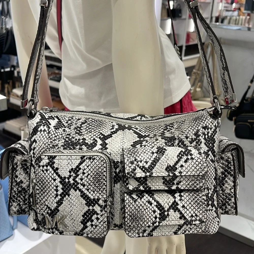 MICHAEL KORS Dakota Medium Snake Embossed Leather Pocket Shoulder Bag ALUMINUM